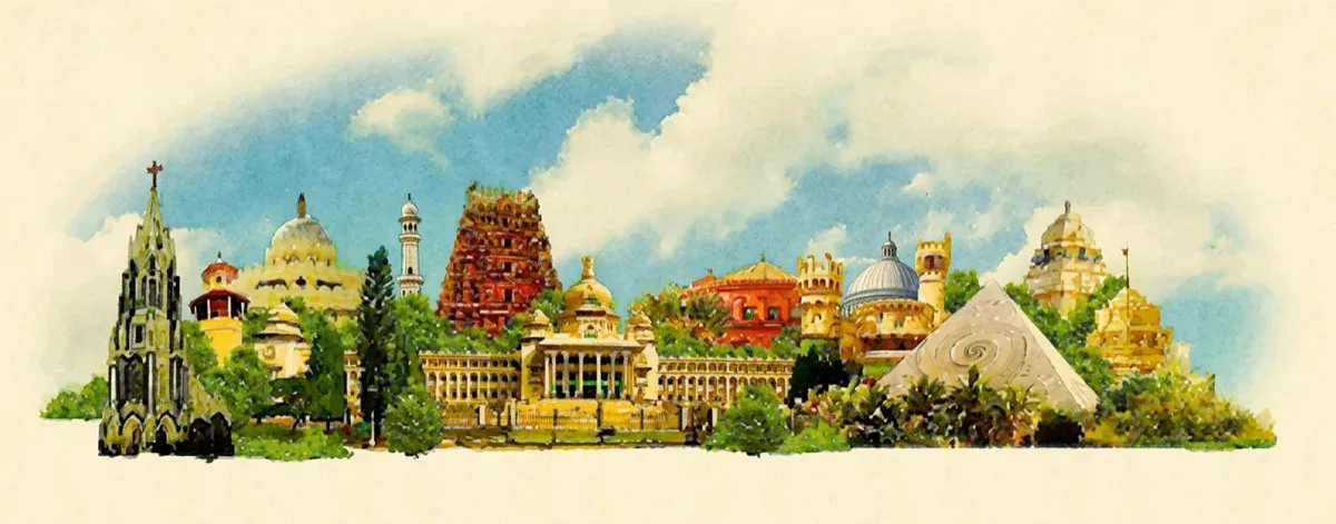 Watercolor illustration of a Bengaluru skyline blending several of the city's landmark buildings and temple towers among trees