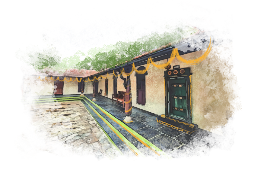 Painterly illustration of the Athithishala pavilion at The Tamarind Tree