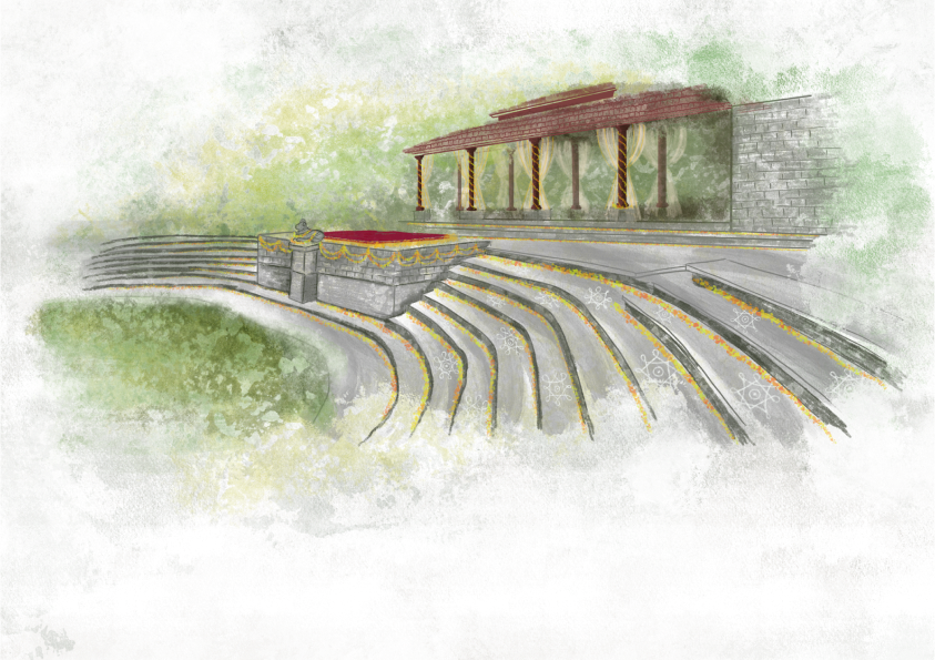 Painterly illustration of the Pond Pavilion at The Tamarind Tree