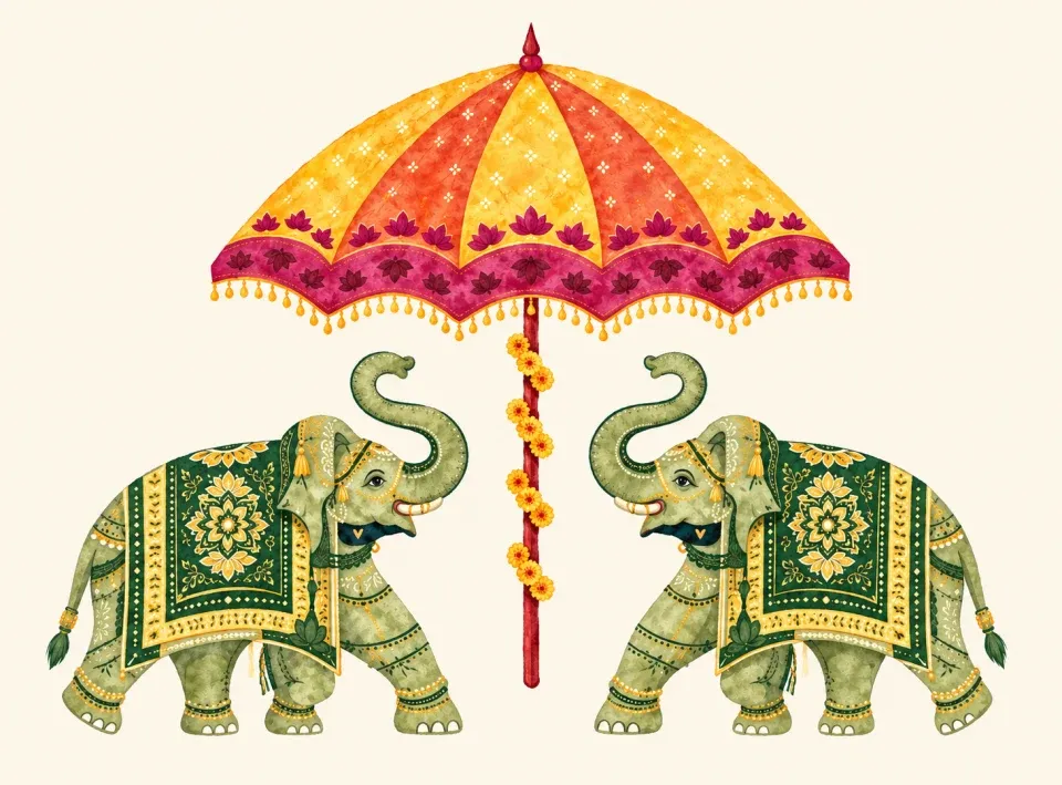 Watercolor illustration of two decorated green elephants beneath a gold and pink parasol
